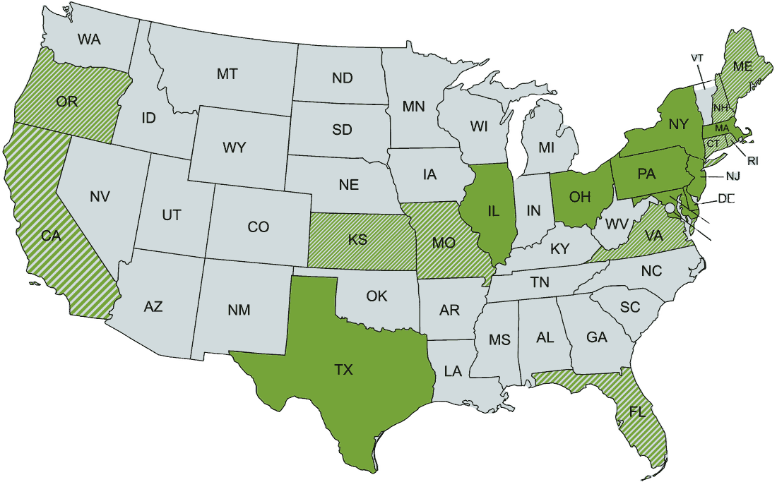 Map of the United States showing states where Mondre Energy is licensed as an energy broker and certified as a WBE/SBE