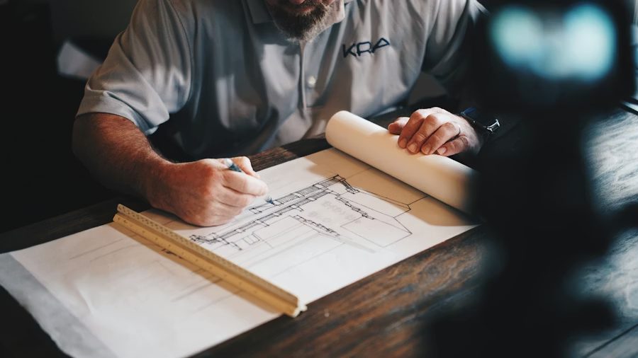 Engineering blueprints and planning notes