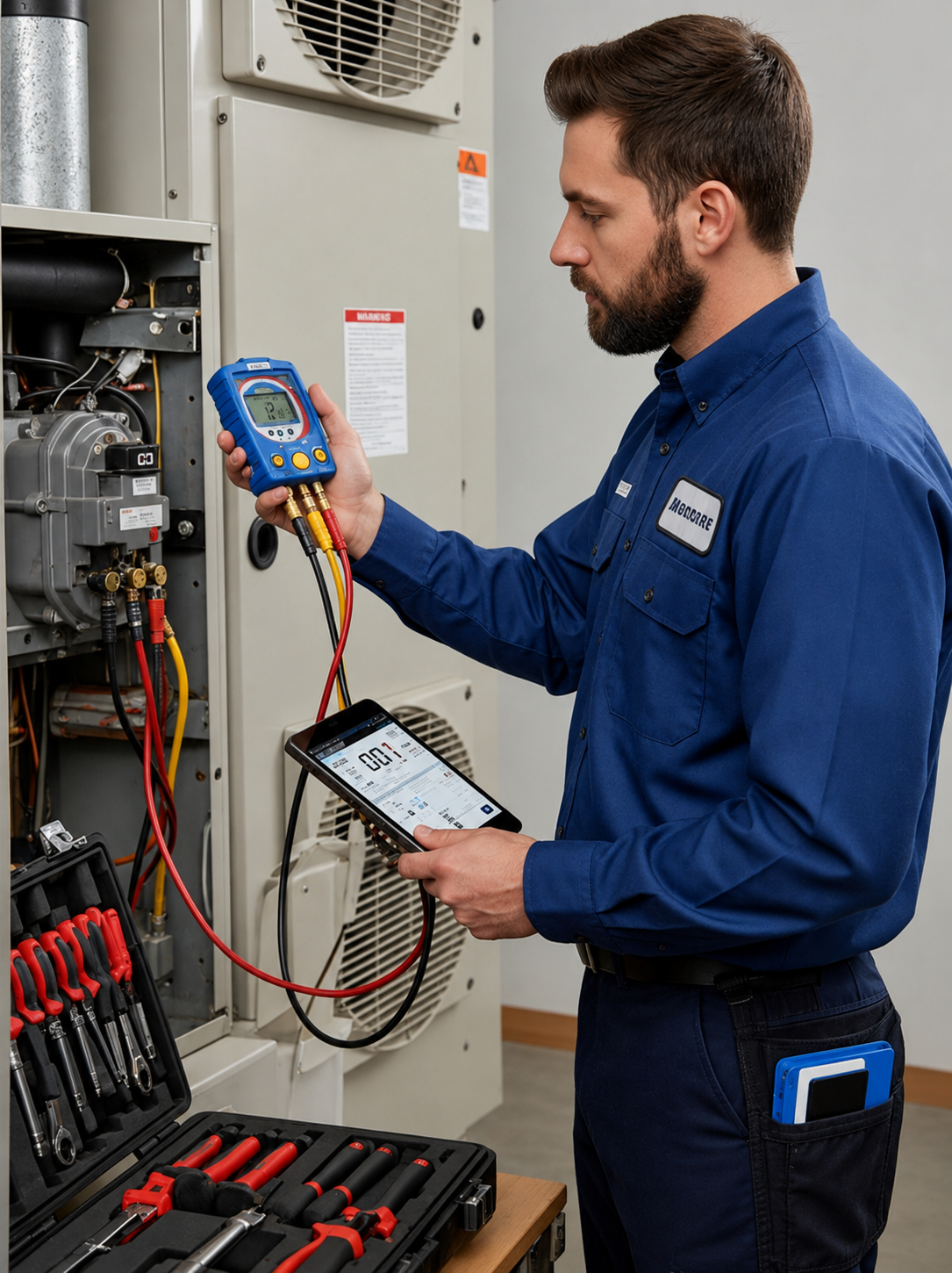 Technician using diagnostic instruments and a tablet to audit building HVAC systems